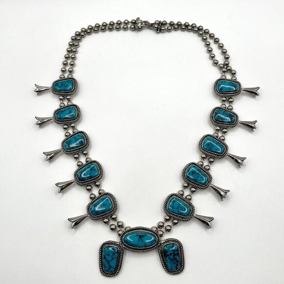 Vintage Goldette Squash Blossom Faux Turquoise Silver Southwest Style Necklace - Picture 1 of 7